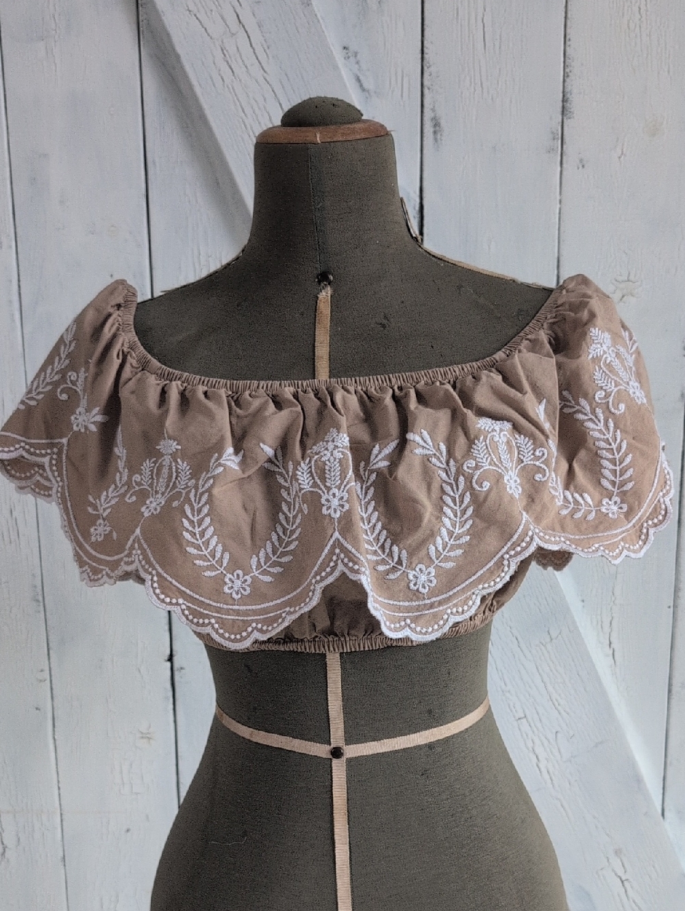 Embroidered Off-Shoulder Crop Top in Taupe
